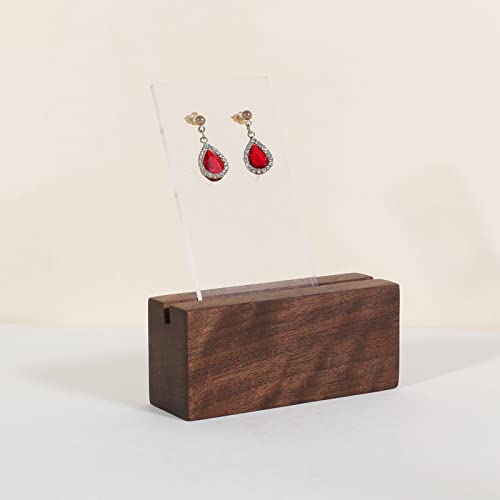GemeShou walnut stud earring holder display stand, wooden earrings display stands for selling, single small jewelry ring holders【Walnut stand with acrylic stud card Height 4.5 inch】