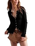 Wefebi Women's Slim Fitted Cardigan Ribbed Knit Button Down Shirt Long Sleeve Crewneck Tops Blouse(Black-S)