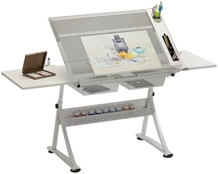 Liftable Drafting Desks,Glass Height Adjustable Painting Table for Artist, Tabletop Art Desk with Storage Extra Large Workbench for Working, Writing, Painting