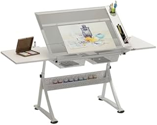 WJFTODAY Escritorios de Dibujo, Mesa de Dibujo de Altura Ajustable de Vidrio para artistao para Artistas, Escritorio de Arte de Mesa con Almacenamiento para Trabajar, Escribir, Pintar (Color: Blanco)