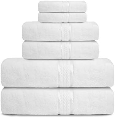 Supremo Craft Towel Set | 2 Bath Towels, 2 Hand Towels, and 2 Washcloths | 100% Organic Cotton Highly Absorbent Towels | Ideal for Daily Use, Hotel and Outdoor | (Pack of 6) (White)