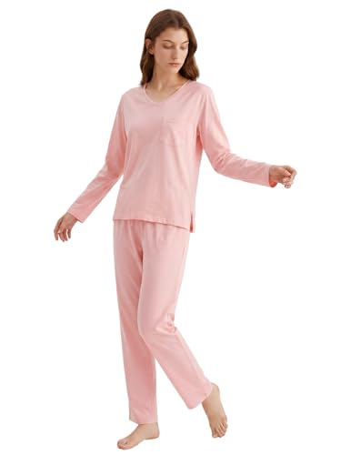 Latuza Women's Petite Cotton Pajama Set Long Sleeve Sleepwear Petite Size M Light Pink