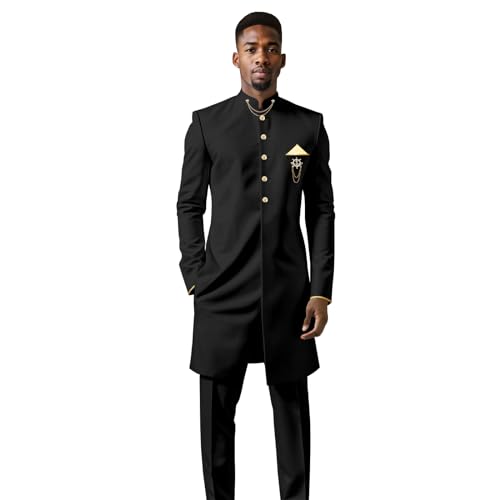 Men`s Suit African Clothing Dashiki Embroidery Chain Single Breasted Shirt and Pants 2 Piece Set Outfits