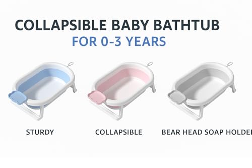 Image of Foldable Baby Bathtub for 0-3 Years | Collapsible Portable Bath Tub with Soap Holder & Drain Plug | Non-Slip Legs, Heat Retention Design, BPA-Free Safe Material (Pink)