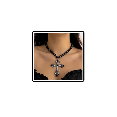 Dishowme Collana con ciondolo a forma di croce con perle di cristallo, stile punk, vintage, con strass, crocifisso, gioiello da donna, Misura unica, perle finte, strass, Nessuna pietra preziosa