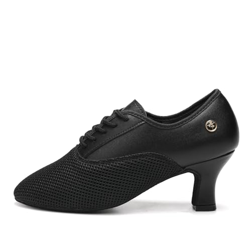 JUODVMP Chaussures de danse de salon à lacets pour femme, bout fermé, salsa, tango, professeur professionnel, modèle RY, Semelle intégrale en daim noir de 7 cm, 39 EU