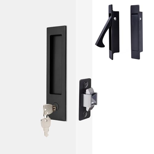 Manija con Cerradura y Manijas de Borde para Puerta Corrediza, Diseño Moderno Rectangular Estrecho con Función de Entrada con Llave, Herraje Empotrado para Puerta de 1 3/8” a 2 3/16” de Grosor (1, Negro Mate) miniatura 1