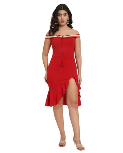 Image of ADDYVERO Women Off Shoulder Ruffle Hem Sleeveless with Lace Detailing Bodycon Party Dress (Red, XL)