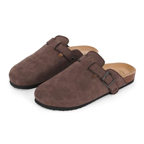 PERLETTI Sabot Uomo Comode Leggere Effetto Scamosciato - Ciabatte Invernali Estive Casa con Suola Antiscivolo Chiuse Fibbia Regolabile - Pantofole da Uomo Sandali Comfort (Marrone Suède, EU 42)