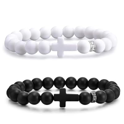 ZORVUJI Set de 2 Pulseras Rosario Católicas, Pulsera de Cuentas con Cruz Sagrada, Joya Religiosa para Hombre y Mujer, Negro y Blanco | Ya disponible en tu tienda friki favorita! En mundofriki.es!