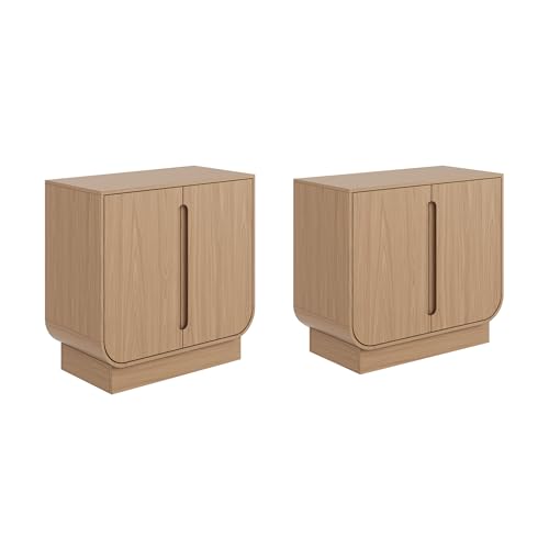 Image of Nathan James Joey Mid Century Modern Storage Cabinet, Arched Accent Cabinet with Rounded Bottom Edges and Integrated Door Pull Cutouts, Raw Oak Set of 2