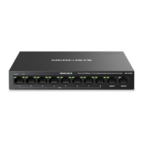 Switch desktop Mercusys 8-Port 10/100 Mbps + 2-Port Gigabit Desktop Switch with 8-Port PoE+, IEEE 802.3x Flow Control, 5.6 Gbps,