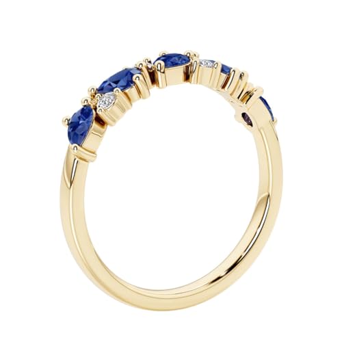 Solid 14k Gold Alternating Pear Lab Blue Sapphire and Diamond Half Eternity Ring, September Birthstone, Stackable, Anniversary Wedding Band, Birthday Gift for Women w/ Jewelry Box, Sz 4-103