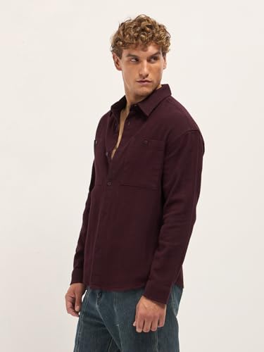 Image of THE BEAR HOUSE Men Pure Cotton Textured Relaxed Fit Overshirt