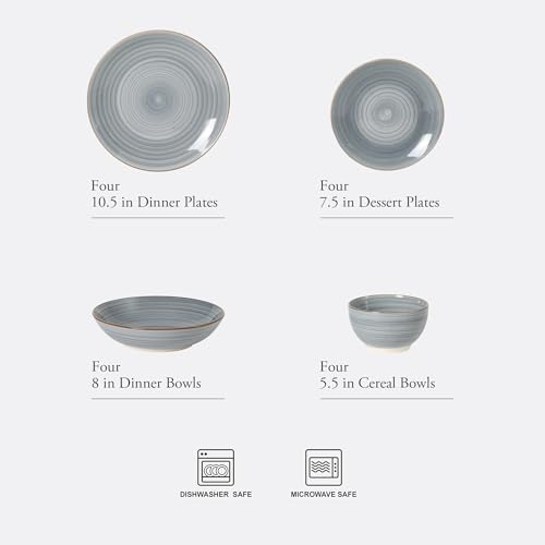 Image of Gibson Home Stonebury 16 Piece Plates and Bowls Blue Dishes - Handpainted Stoneware Dinnerware Set - Service for 4