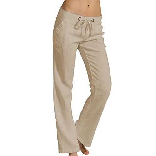 Linen Pants Women Straight Leg Low Rise Lounge Lightweight Capri Pants Summer Drawstring Casual Work Pants Trousers