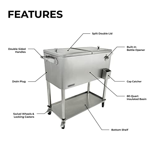Permasteel 80-Qt Outdoor Patio Cooler With Wheels And Handles | Beverage Rolling Cooler For Backyard Deck, Ps-A206-Ss, Drink Cart With Bottom Tray, Stainless Steel #TOP1