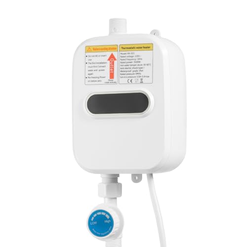 Mini calentador de agua instantáneo de 3500 W - Función termostática - Pequeño calentador de agua eléctrico con pantalla digital de temperatura - Manguera de ducha de acero inoxidable