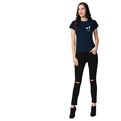 Image of Bewakoof Women's Blue Bunny Rabbit Pocket Printed Slim Fit T-Shirt