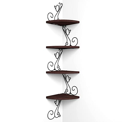 Alsonerbay Corner Shelf Wall Mount of 4 Tier Corner Shelves Rustic Wood Floating Shelf Cat Shape Metal Corner Stand for Bedroom Living Room Bathroom Kitchen Office and More Dark Walnut