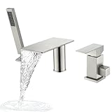 GUOYINDONG Waterfall Roman Tub Faucet with Sprayer, Deck Mount Tub Faucet Single Handle 3 hole Roman Tub Faucet High Flow Bathtub Faucet Set, Brushed Nickel