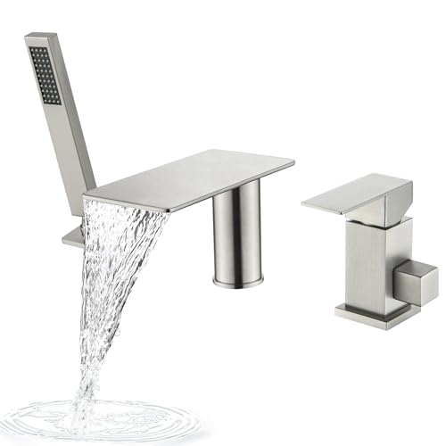 Grifo de bañera romano con rociador, montaje en cubierta con 3 orificios | Grifo de bañera romano de una manija con ducha manual, acabado níquel cepillado
