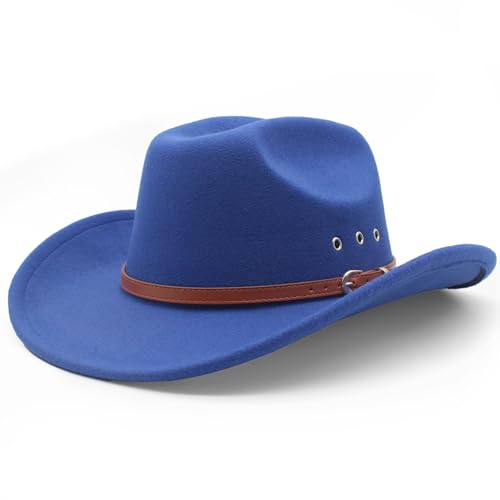 LIDHAY Cowboy Hat for Women and Men Felt Wide Brim Classic Outdoor Fedora Hats Western Cowboy Cowgirl Hats with Belt Buckle 3 Royal Blue