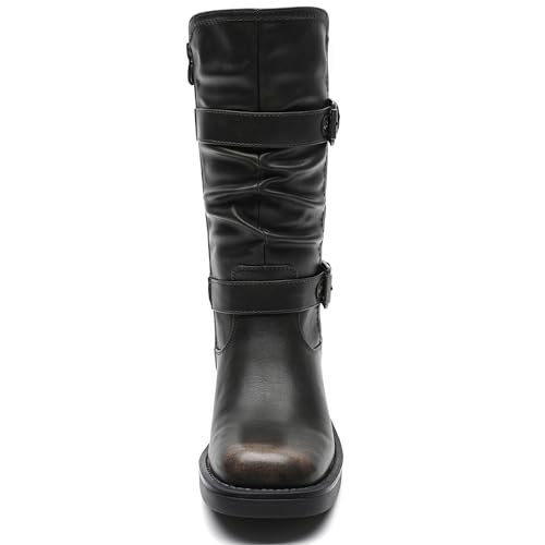Image of GLOBALWIN Chunky Mid Calf Fashion Dressy Motocycle Biker Military Style Combat Boots for Women Low Heel