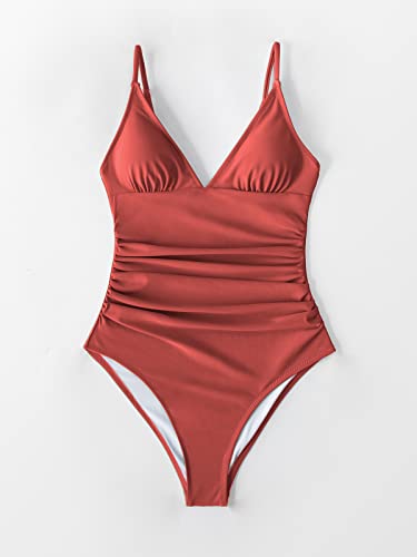 Cupshe Women's One Piece Swimsuit Tummy Control V Neck Bathing Suits L Red #TOP2