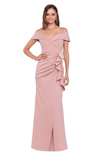 Image of Xscape Women's Long Off-the-Shoulder Sweetheart Neckline Formal Evening Gown with Ruching and Draped Ruffle Detail