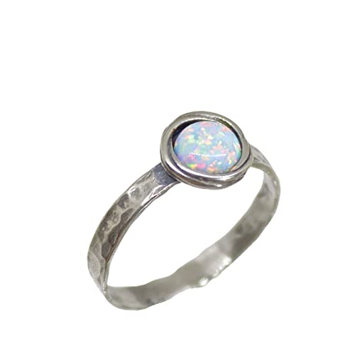 Opal Sterling Silver 925 Ring Band For Women, White Stone Silver Ring, Hammered Silver Ring With Stone, Stacking Ring, Birthstone Ring (Created-Opal White, 6) #TOP26