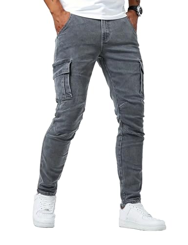 Mens Slim Fit Jeans Cargo Skinny Jeans Denim Stretch Pants Casual Trousers Joggers with Pocket