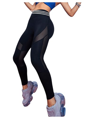 SweatyRocks Women's Mesh Leggings High Waisted Tummy Control Patchwork Slim Fit Yoga Pants Capris4