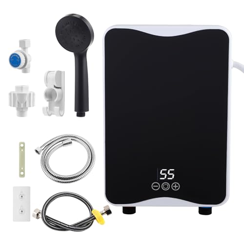 Calentador instantáneo de 5500W 230V para ducha y cocina | Mini calentador de agua eléctrico con pantalla LED de temperatura y cabezal de ducha | Protección contra salpicaduras IPX4 para baño, jardín