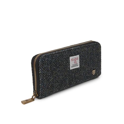 Image of Islander HarrisTweed & PU Leather women's long zip purse, Carry Cash & card, Scottish Style, Black Herringbone
