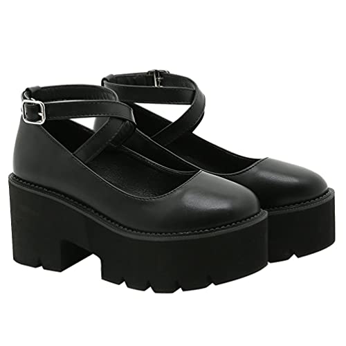 Eringogo Platform Sandals Platform Heels Womens Platform Round Toe Pumps, Cross Ankle Strap Buckle Shoes Punk Gothic Chunky Block Heel Uniform Dress Sandal Shoes Sandalias Para Mujer Black Heels #TOP13