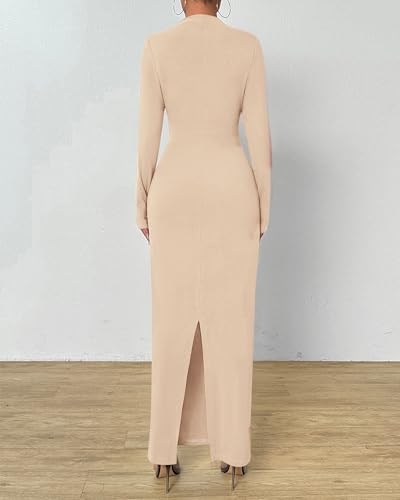 Image of BTFBM Women Bodycon Maxi Dress Long Sleeve Back Slit Ruched Elegant Party Cocktail Formal Fall Wedding Guest Dresses