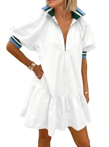 Wenrine Women Short Puff Sleeve Dress Half Zip V Neck Collar Summer Casual Color Block Sweatshirt Babydoll Dresses (US Alpha Medium Regular Regular White)