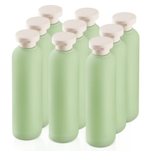 8.8 oz/260ml Plastic Travel Shampoo Bottle,9 Pack Green Empty Refillable Squeeze Bottles with Flip Cap,Lotion Container for Cream,Toiletries,Conditioner-Free Silicone Funnel