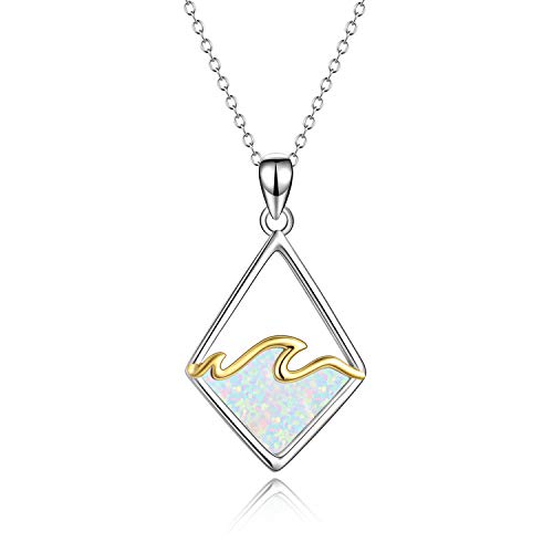 YAFEINI Sterling Silver Ocean Wave Necklace Created Opal Pendant Ocean Jewelry Beach Gifts for Women