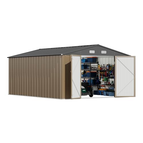Image of Devoko 10x14 FT Outdoor Storage Shed, Large Metal Storage Sheds with Lockable Door, Utility Garden Tool Shed with Sloping Roof, Outside Steel Storage Sheds for Patio Lawn Backyard, Brown