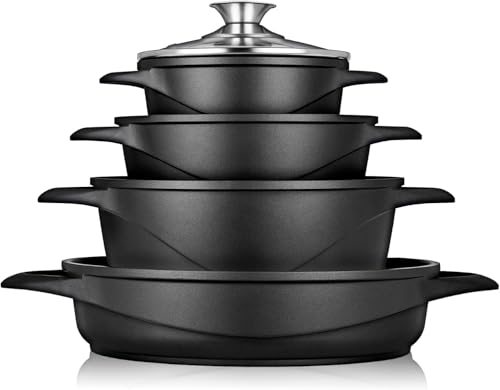 briebe Topfset Induktion 8-Teilig, Kochtopf Set 4 Töpfen aus Aluminiumguss, Antihaftbeschichtung ILAG GRANITEC ohne PFOA, Deckeln aus Glass, Topfhandschuhe Silikon, Glaskeramik, Gas, Ofen, MGK-17