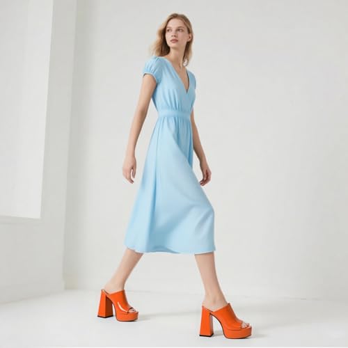 Image of Women Square Open Toe Platform Chunky Heel Slide Sandals | Slip On High Heel Dress Sandals, Elegant Formal Footwear For Wedding Club Evening Party Events