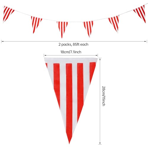 Image of RUBFAC 170ft 120pcs Red and White Striped Pennant Banner, Carnival Circus Decorations Supplies, String Triangle Bunting Flags, Kids Birthday, New Year Eve Celebration Supplies