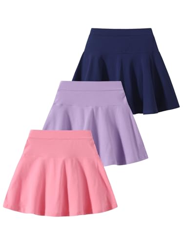 Fdqin 3 Pack Girls Skirts Elastic High Waisted Flared Athletic Skort for Golf, Tennis, Running, Navy Blue/Hot Pink/Purple 7-8 Years