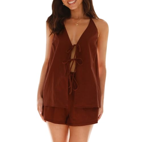 Image of ROAONOCOMO Women Tie Front Shorts Set V Neck Halter Cami Top Y2K 2 Piece Pj Set Graphic Summer Beach Lounge Outfit