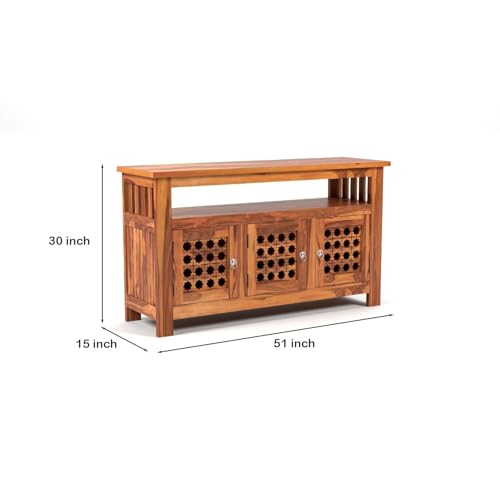 Image of Solid Sheesham Wood Wooden Sideboard Storage Cabinet & Chest of Drawer : Ideal for Living Room and Bedroom with 3-Shelf Storage (Hurtado, Honey Finish)