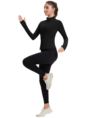 ZHENWEI Jaquetas de treino femininas com zíper e manga comprida e caimento justo e bolsos, Preto, G