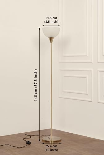 Image of Divine Trends Uplighter Brass Antique Finish Floor Lamp for Living Room with Frosted Glass Lampshade | Includes LED Warm Bulb | Hidden Wire Design | Uplight Corner Standing Lamp for Home | Pack of 1