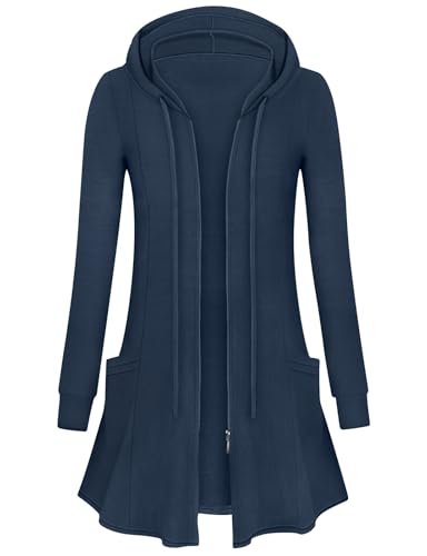 Flikity Hooded Cardigan Women, Ladies Longline Zip up Hoodies Lightweight Cardigan Women's Long Sleeve Zipper Hoodies Jackets for Women UK Fashion Womens Tops XXL Dark Blue